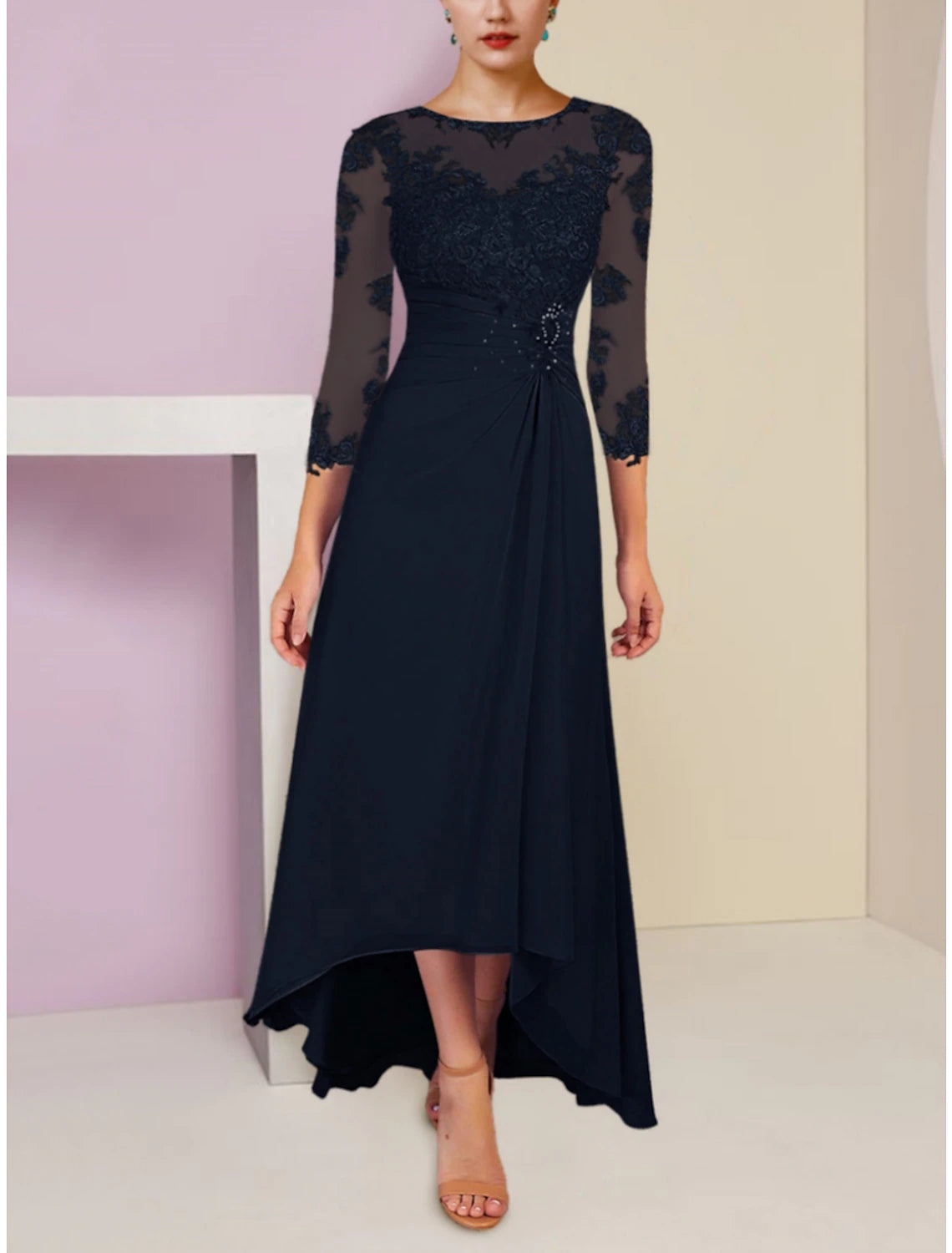 Wholesa A-Line Mother of the Bride Dress Wedding Guest Elegant Scoop Neck Asymmetrical Ankle Length Chiffon 3/4 Length Sleeve with Lace Sequin Ruching