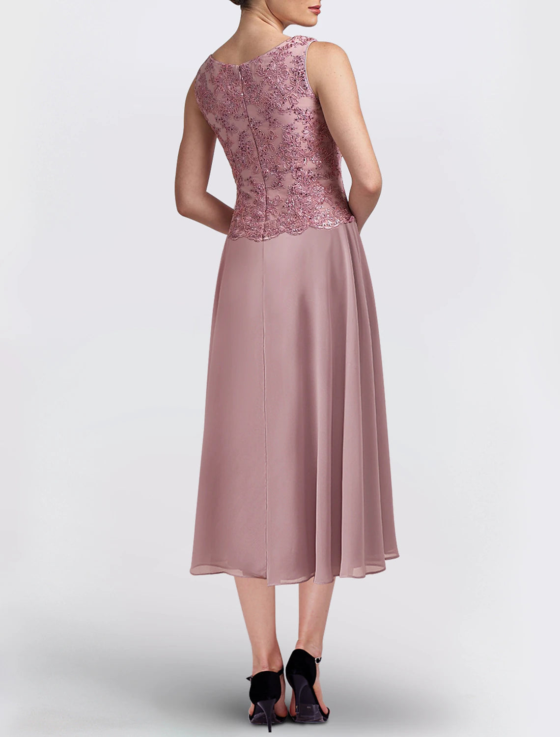 Wholesa Two Piece A-Line Mother of the Bride Dress Formal Wedding Guest Elegant Scoop Neck Tea Length Chiffon Long Sleeve with Lace Beading Sequin