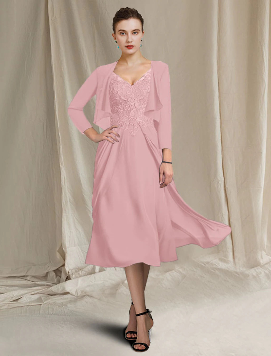 wholesale  A-Line Mother of the Bride Dress Plus Size Elegant V Neck Tea Length Chiffon Lace Short Sleeve Wrap Included with Appliques