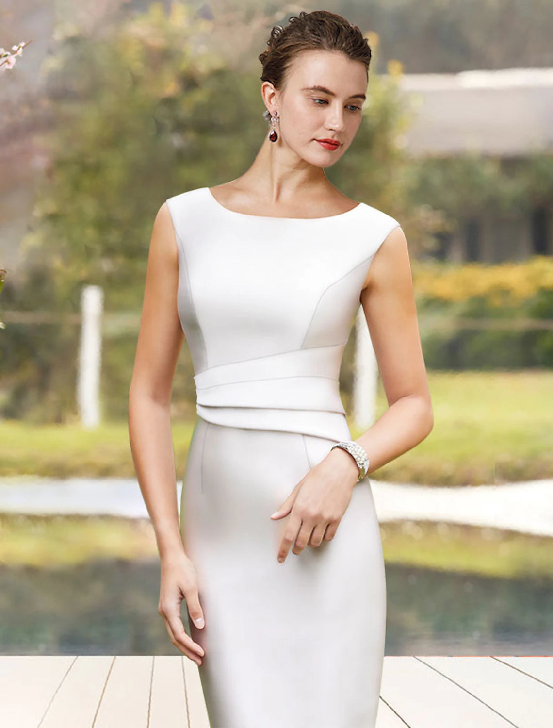 wholesale  Two Piece Sheath / Column Mother of the Bride Dress Church Elegant Jewel Neck Knee Length Satin Sleeveless Short Jacket Dresses with Bow(s) Ruffles Side-Draped