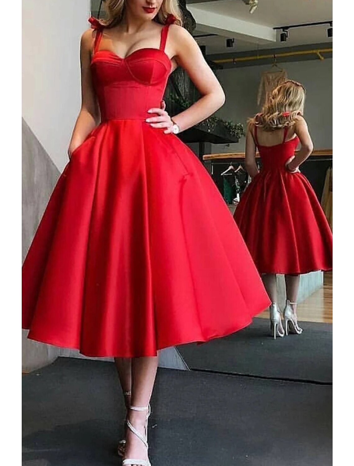 Wholesa  Ball Gown Cocktail Black Dress Plus Size Vintage Dress Party Wear Prom Tea Length Sleeveless Spaghetti Strap Wednesday Addams Family Satin with Pleats