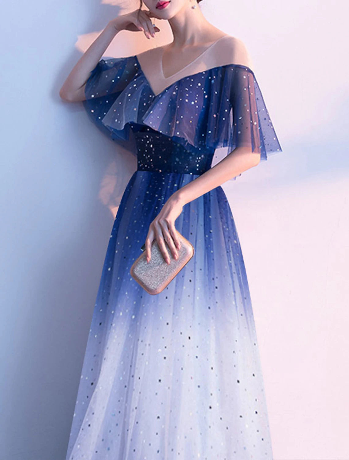 Wholesa  A-Line Glittering Gradient Prom Formal Evening Dress V Neck Half Sleeve Floor Length Tulle with Pleats Sequin