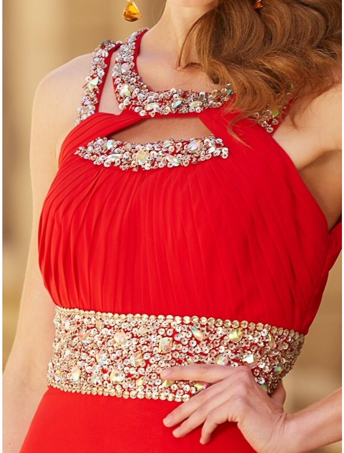 Wholesa A-Line Evening Gown Sparkle & Shine Dress Party Wear Wedding Party Floor Length Sleeveless Halter Neck Chiffon with Rhinestone Slit