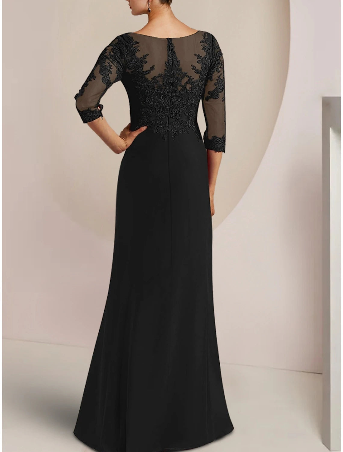 Wholesa A-Line Mother of the Bride Dress Wedding Guest Elegant Party Scoop Neck Sweep / Brush Train Chiffon Half Sleeve with Lace Ruffles
