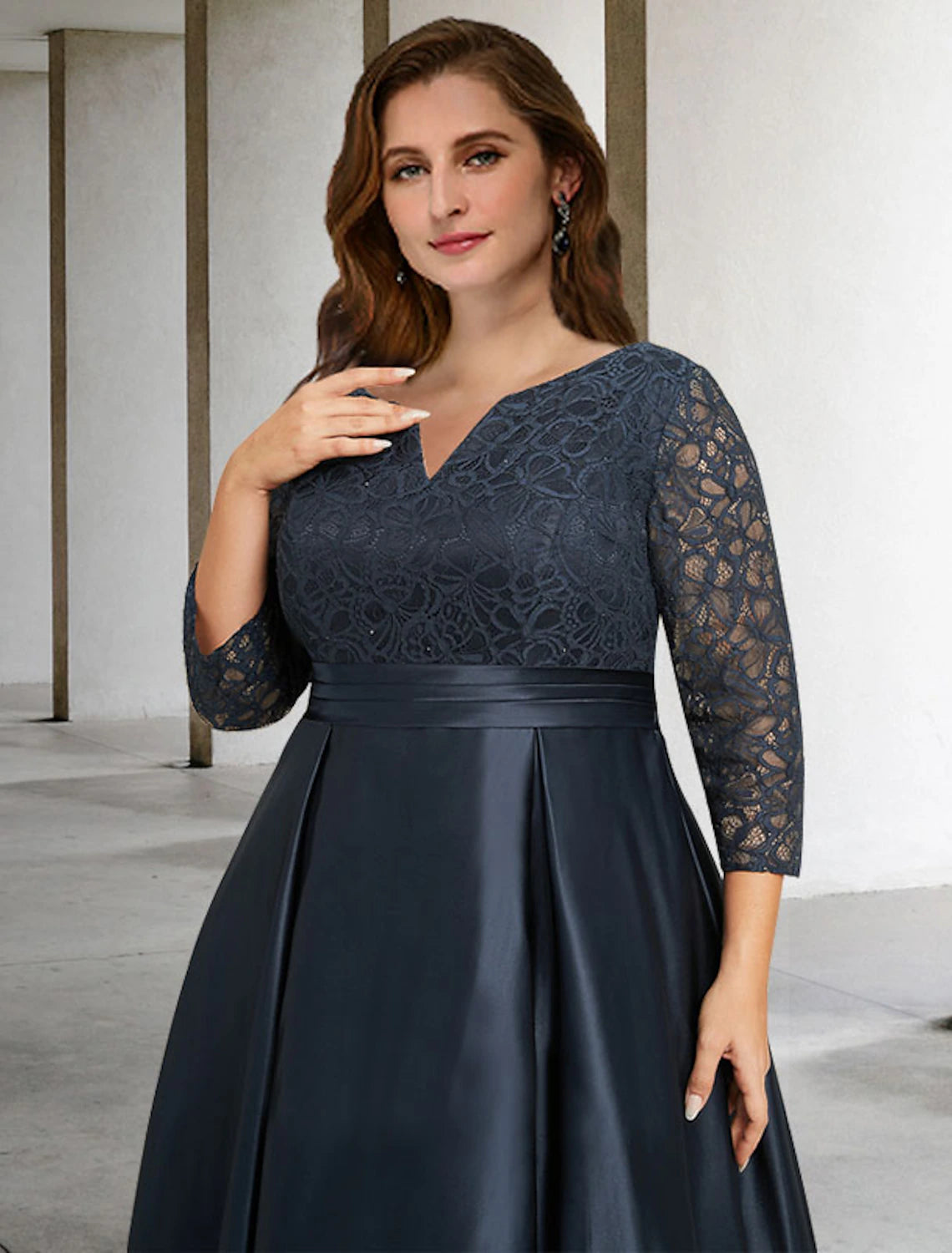 wholesale  A-Line Mother of the Bride Dresses Plus Size Hide Belly Curve Elegant Dress Formal Asymmetrical 3/4 Length Sleeve V Neck Satin with Pleats Ruched