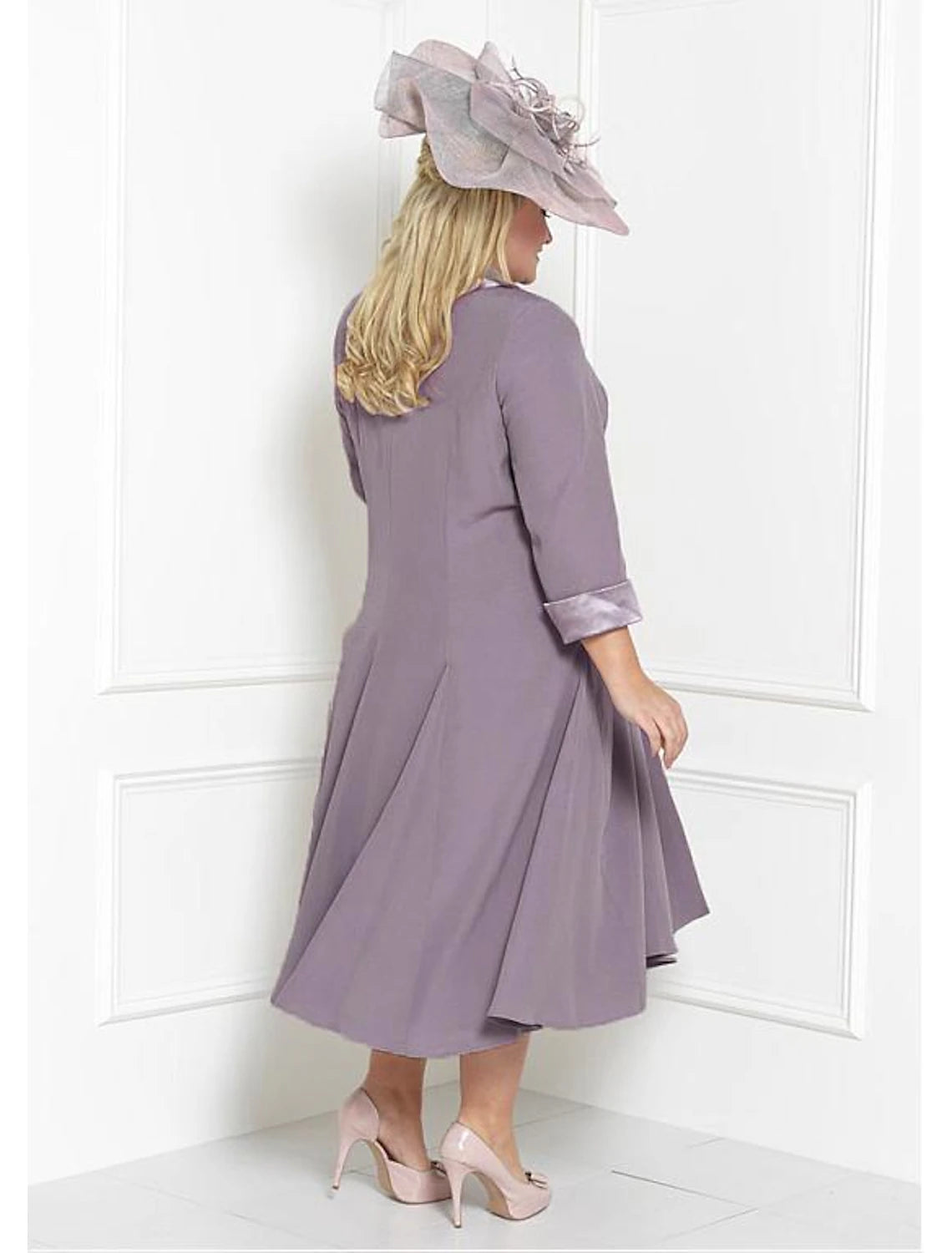 wholesale   Two Piece Sheath / Column Mother of the Bride Dress Church Plus Size Wrap Included Square Neck Tea Length Charmeuse 3/4 Length Sleeve with Sash / Ribbon Ruching