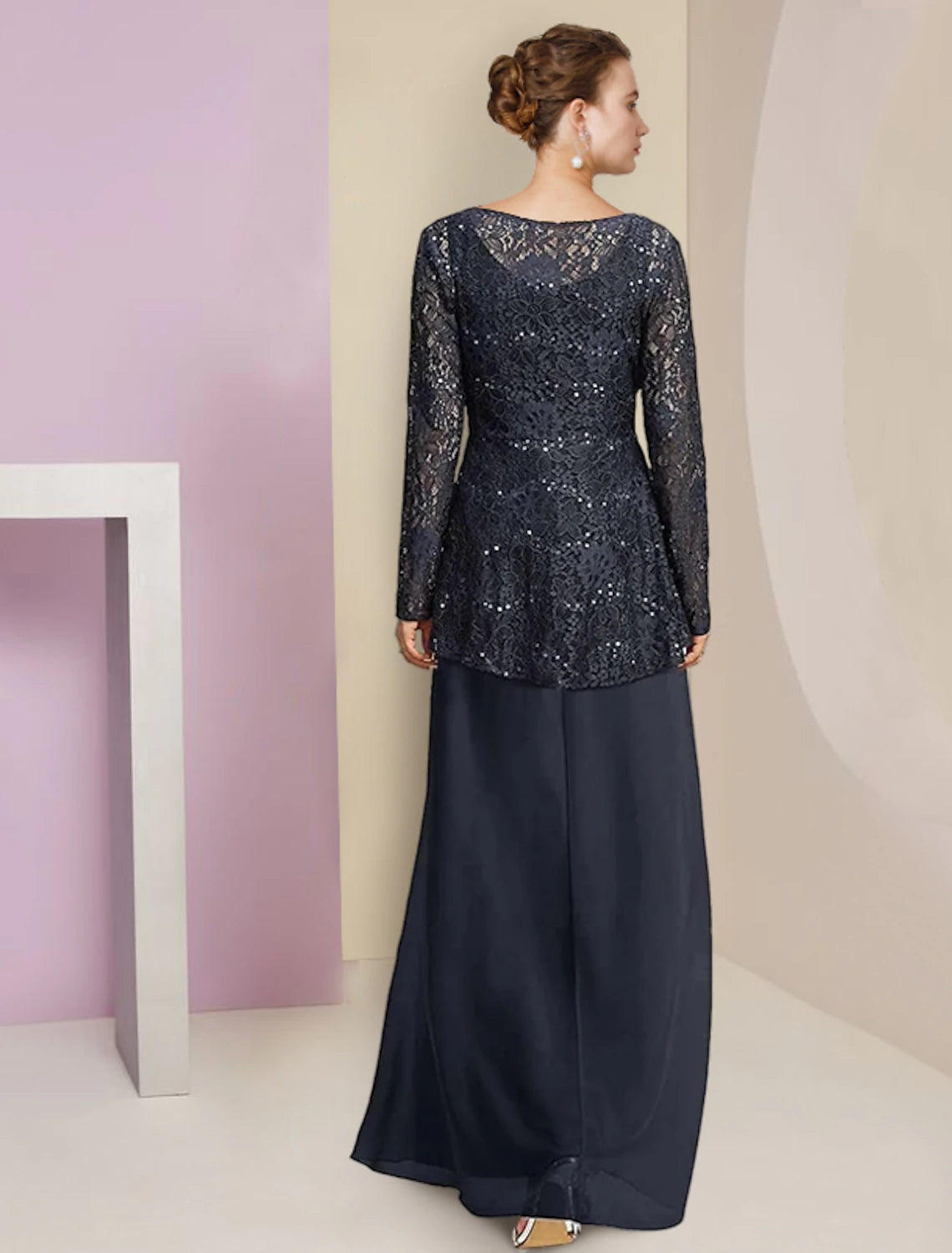 wholesale  A-Line Mother of the Bride Dress Formal Wedding Guest Elegant High Low Scoop Neck Asymmetrical Tea Length Chiffon Lace Long Sleeve with Pleats Ruched