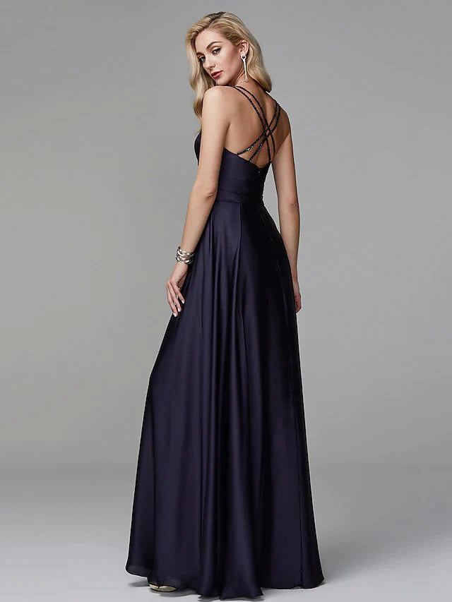 Wholesa A-Line Prom Dresses Beautiful Back Dress Evening Party Floor Length Sleeveless Spaghetti Strap Satin Crisscross Back with Beading Side Draping