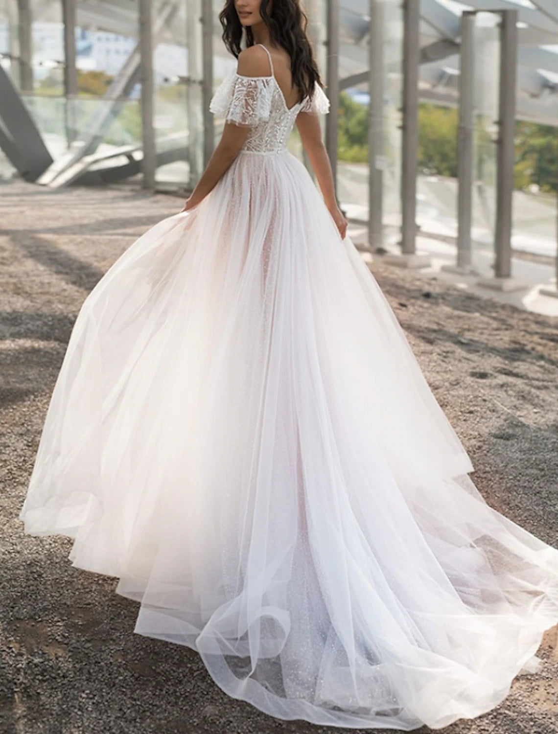 Wholesa Formal Wedding Dresses A-Line V Neck Short Sleeve Sweep / Brush Train Tulle Bridal Gowns With Pleats Solid Color
