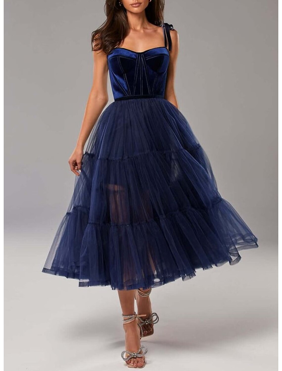 wholesale  A-Line Prom Dresses Elegant Dress Wedding Guest Prom Tea Length Sleeveless Strapless Tulle with Pleats Pure Color