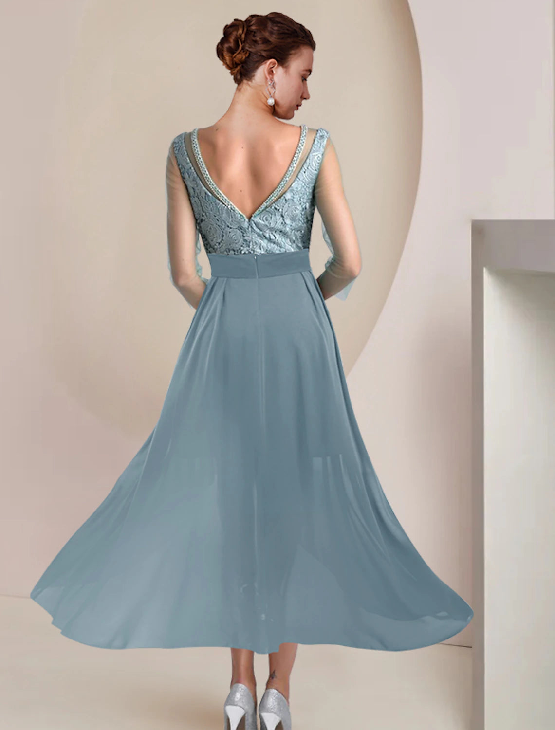 wholesale  Two Piece Sheath / Column Mother of the Bride Dress Formal Wedding Guest Vintage Elegant Jewel Neck Tea Length Knee Length Chiffon Lace 3/4 Length Sleeve with Beading Appliques