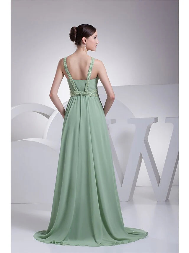Wholesa A-Line Evening Gown Sparkle Dress Formal Evening Floor Length Sleeveless Spaghetti Strap Chiffon with Beading
