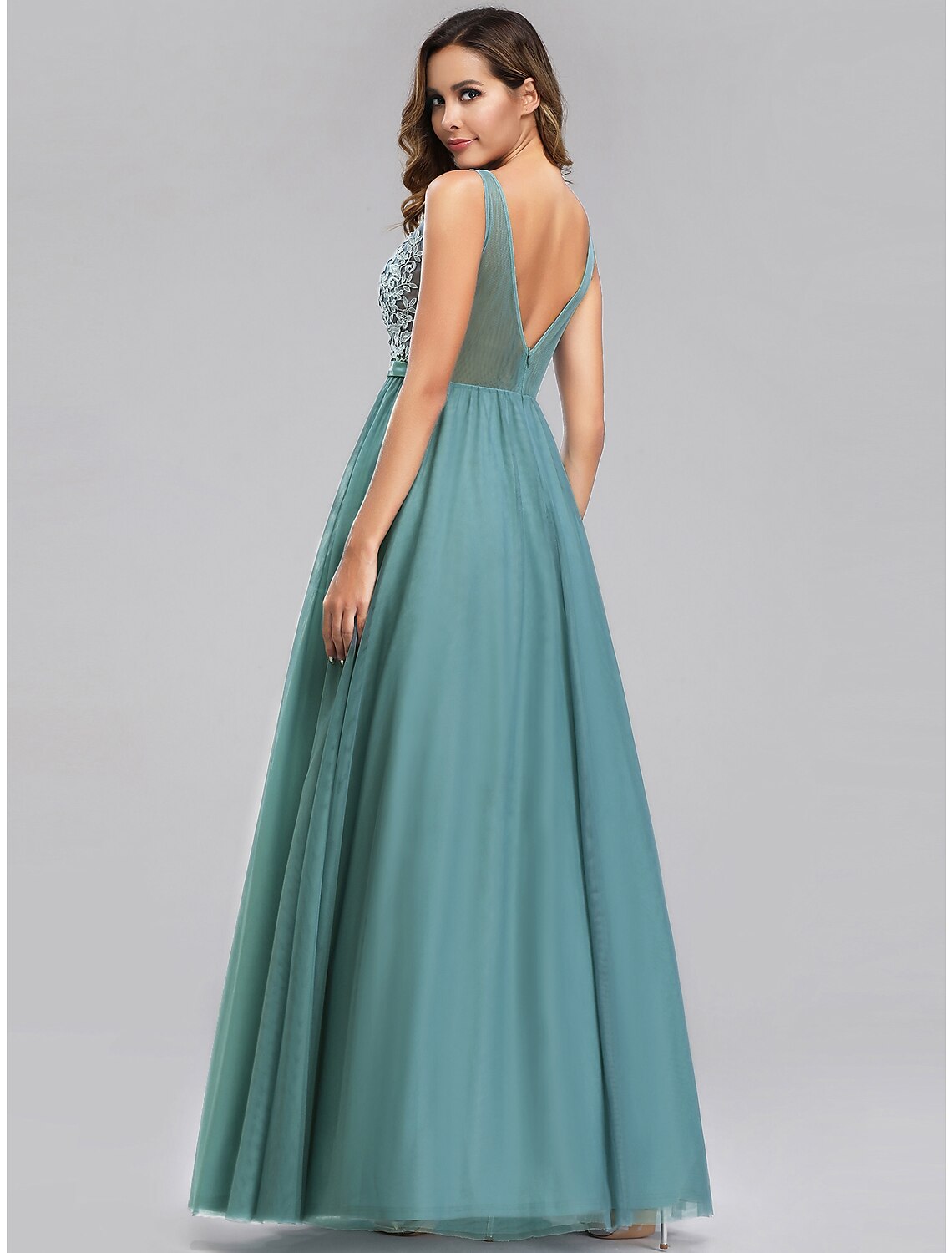 Wholesa A-Line Empire Holiday Prom Dress V Neck V Back Sleeveless Floor Length Chiffon with Appliques
