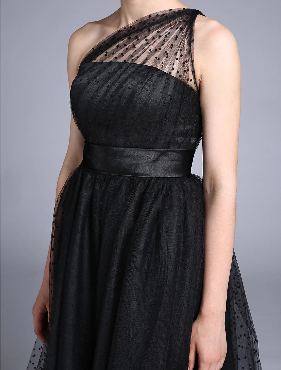 wholesale  A-Line Cocktail Black Dress Vintage Dress Halloween Ankle Length Sleeveless One Shoulder Wednesday Addams Family Tulle with Pleats Pattern / Print