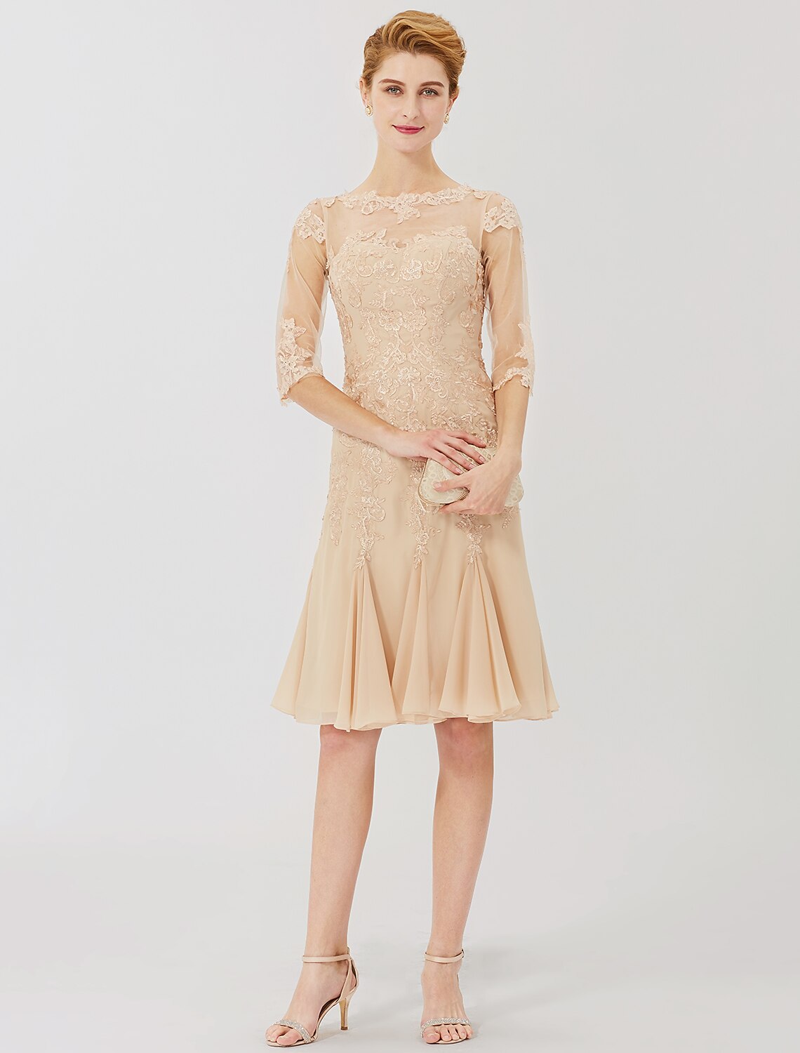wholesale  Sheath / Column Mother of the Bride Dress Classic & Timeless Elegant & Luxurious Beautiful Back Illusion Neck Knee Length Chiffon All Over Lace Half Sleeve with Appliques