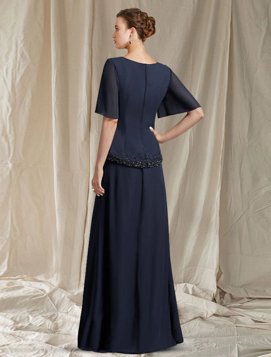 wholesale  A-Line Mother of the Bride Dress Elegant Jewel Neck Floor Length Chiffon Short Sleeve with Crystals