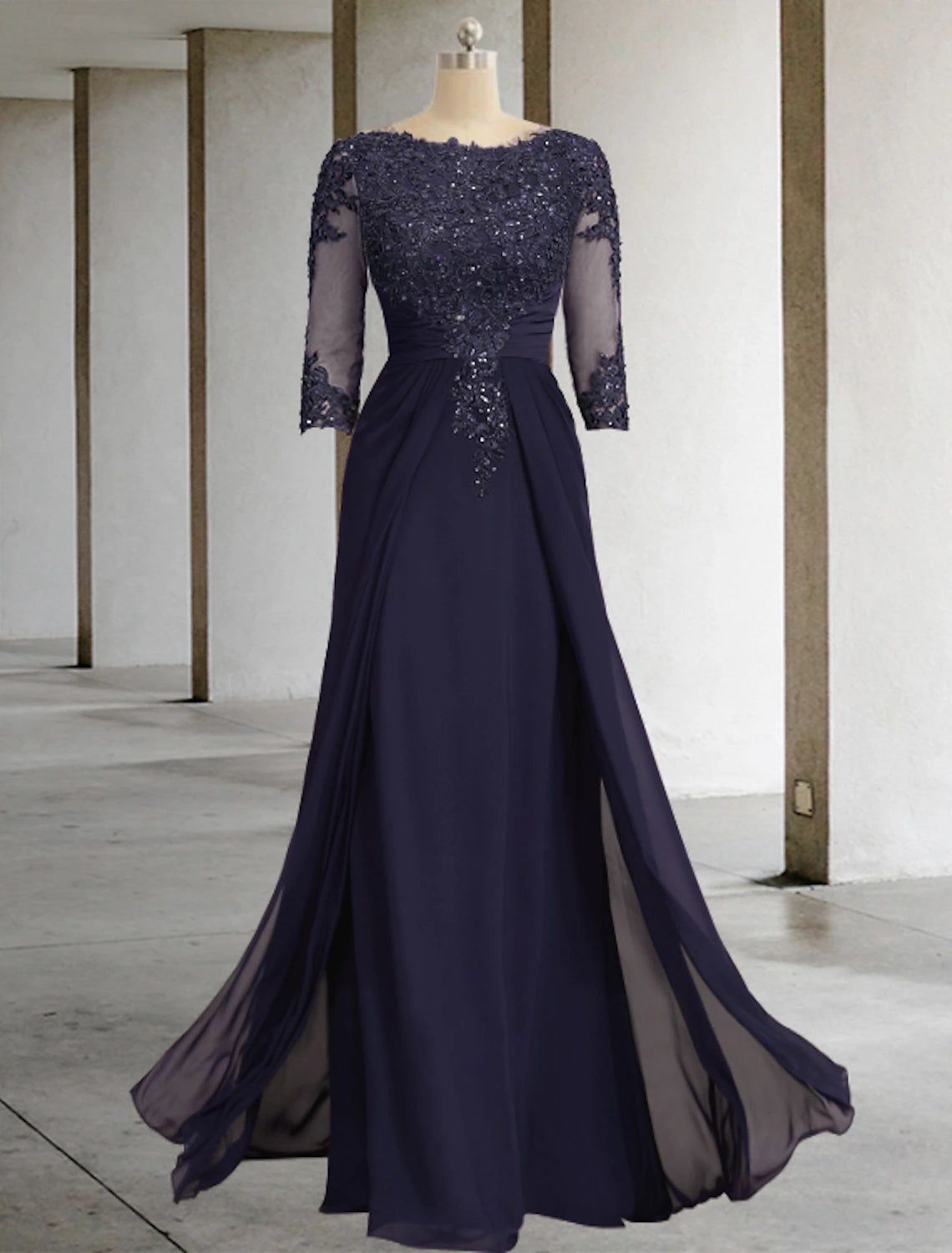 wholesale  Sheath / Column Mother of the Bride Dress Formal Fall Wedding Guest Elegant Sequin Scoop Neck Floor Length Chiffon Lace 3/4 Sleeve with Appliques Sparkle & Shine