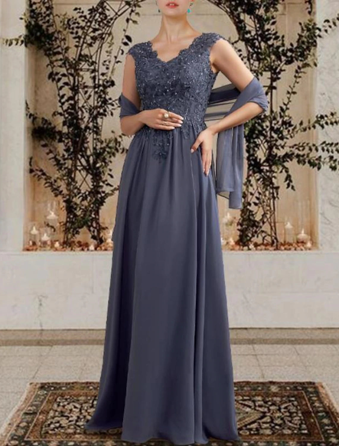 wholesale  A-Line Mother of the Bride Dress Elegant V Neck Floor Length Chiffon Lace Sleeveless Shawls with Pleats Sequin Crystal Brooch