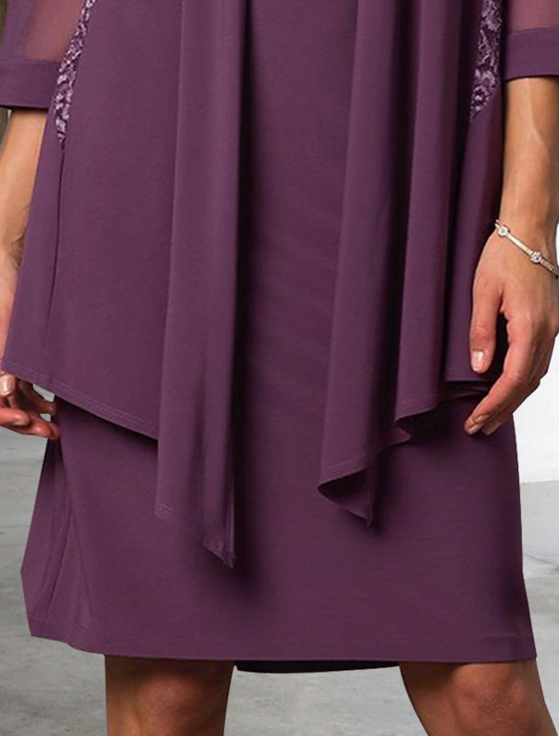 wholesale  Two Piece Sheath / Column Mother of the Bride Dress Elegant Jewel Neck Knee Length Chiffon Lace Sleeveless Jacket Dresses with Solid Color