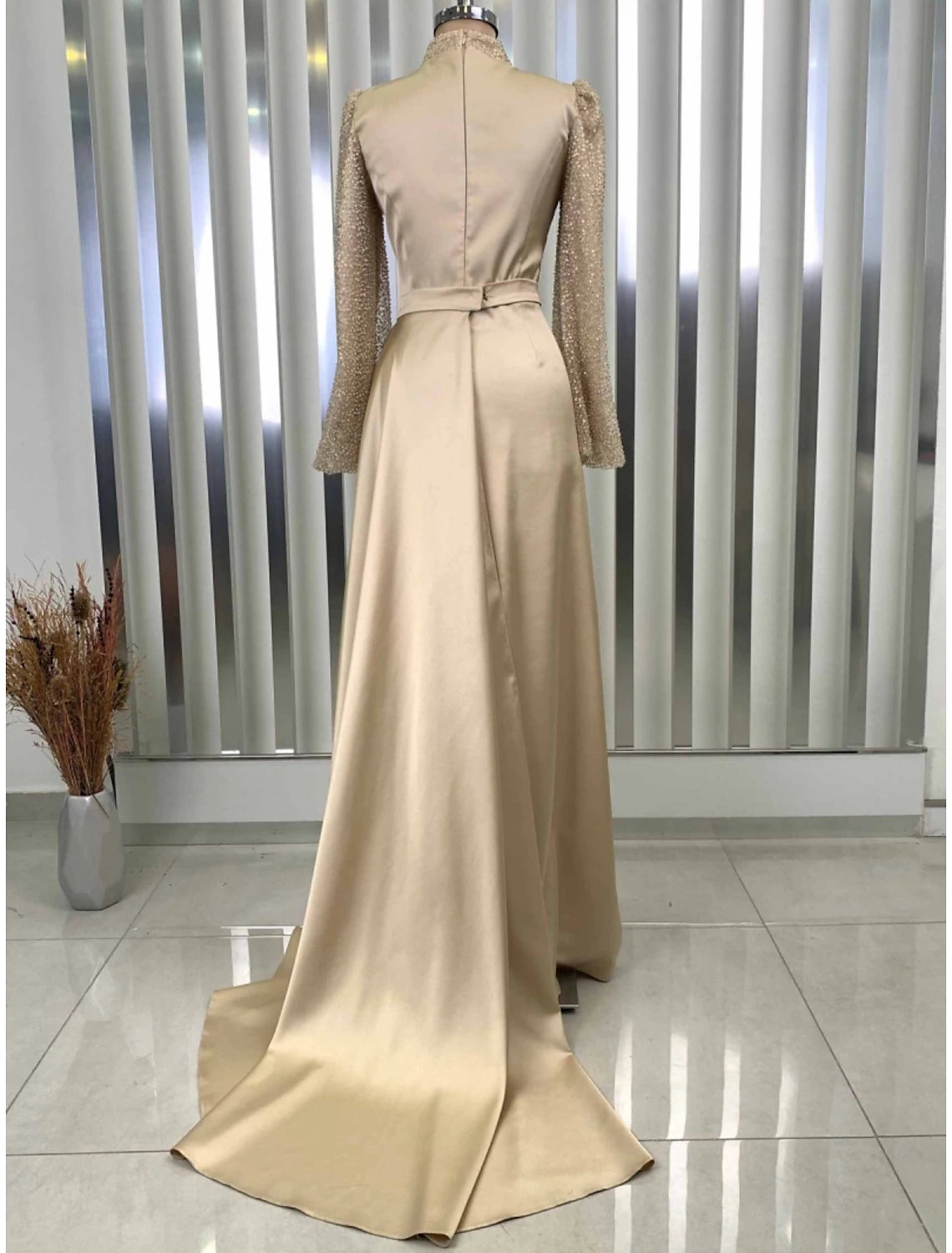 Wholesa  A-Line Evening Gown Champagne Christmas Elegant Dress Formal Sweep / Brush Train Long Sleeve High Neck Satin with Glitter Pleats Ruched