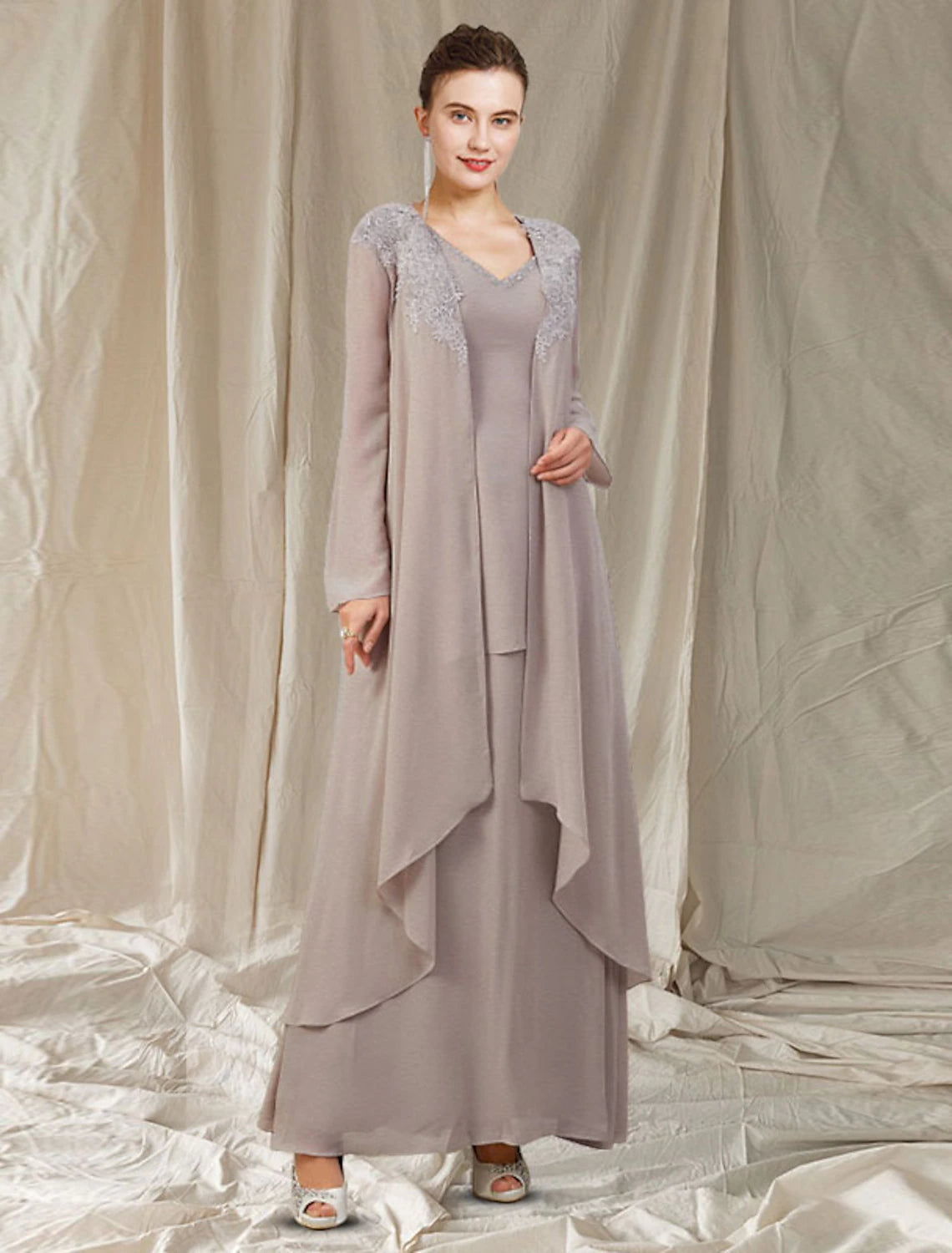 wholesale  Two Piece A-Line Mother of the Bride Dress Plus Size Elegant V Neck Floor Length Chiffon Long Sleeve Jacket Dresses with Appliques