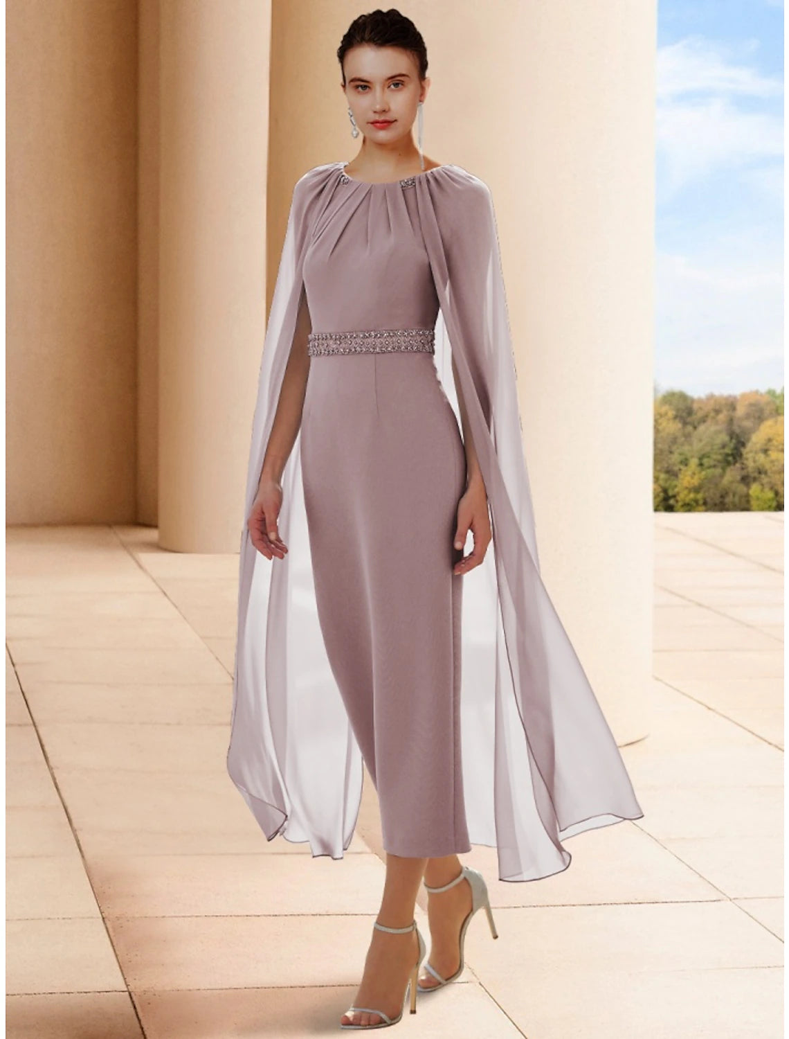 Wholesa  Sheath / Column Mother of the Bride Dress Wedding Guest Elegant Scoop Neck Ankle Length Chiffon Sleeveless with Beading Ruching