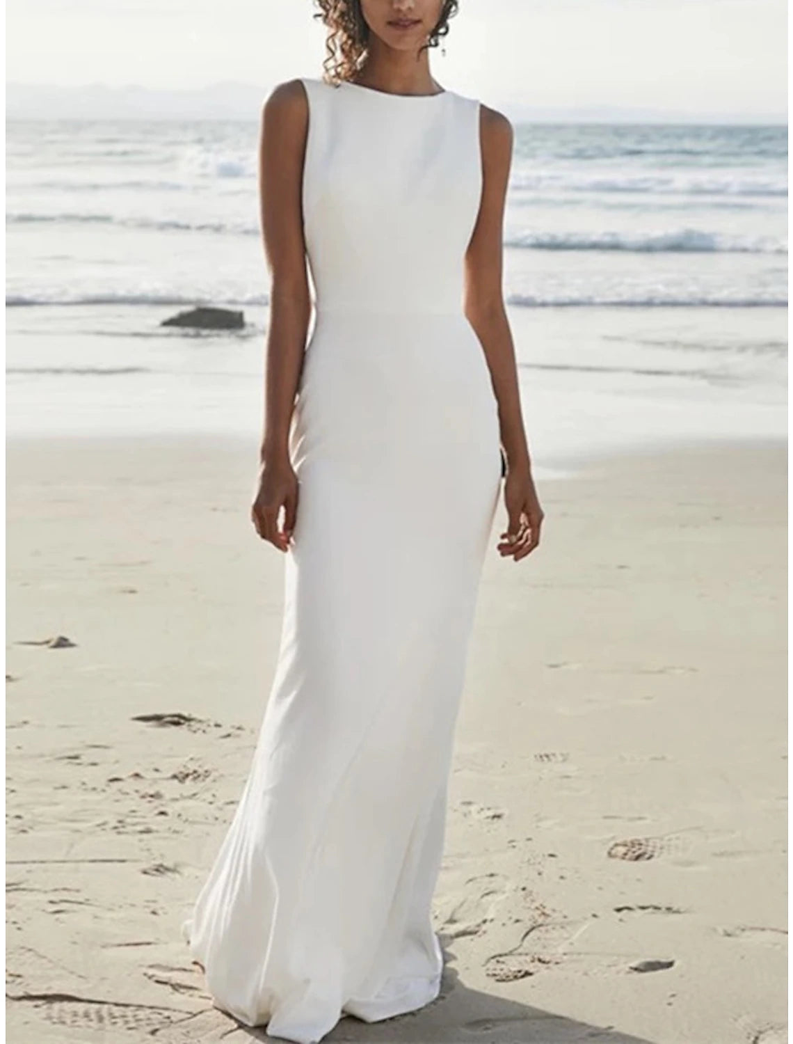 Wholesa  Beach Open Back Simple Wedding Dresses Sheath / Column Scoop Neck Sleeveless Sweep / Brush Train Stretch Fabric Bridal Gowns With Solid Color Summer Wedding Party