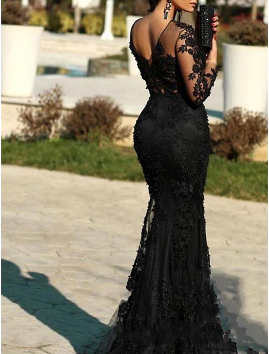 Wholesa Mermaid / Trumpet Evening Gown Elegant Dress Wedding Guest Formal Evening Sweep / Brush Train Long Sleeve Illusion Neck Polyester with Lace Insert Appliques