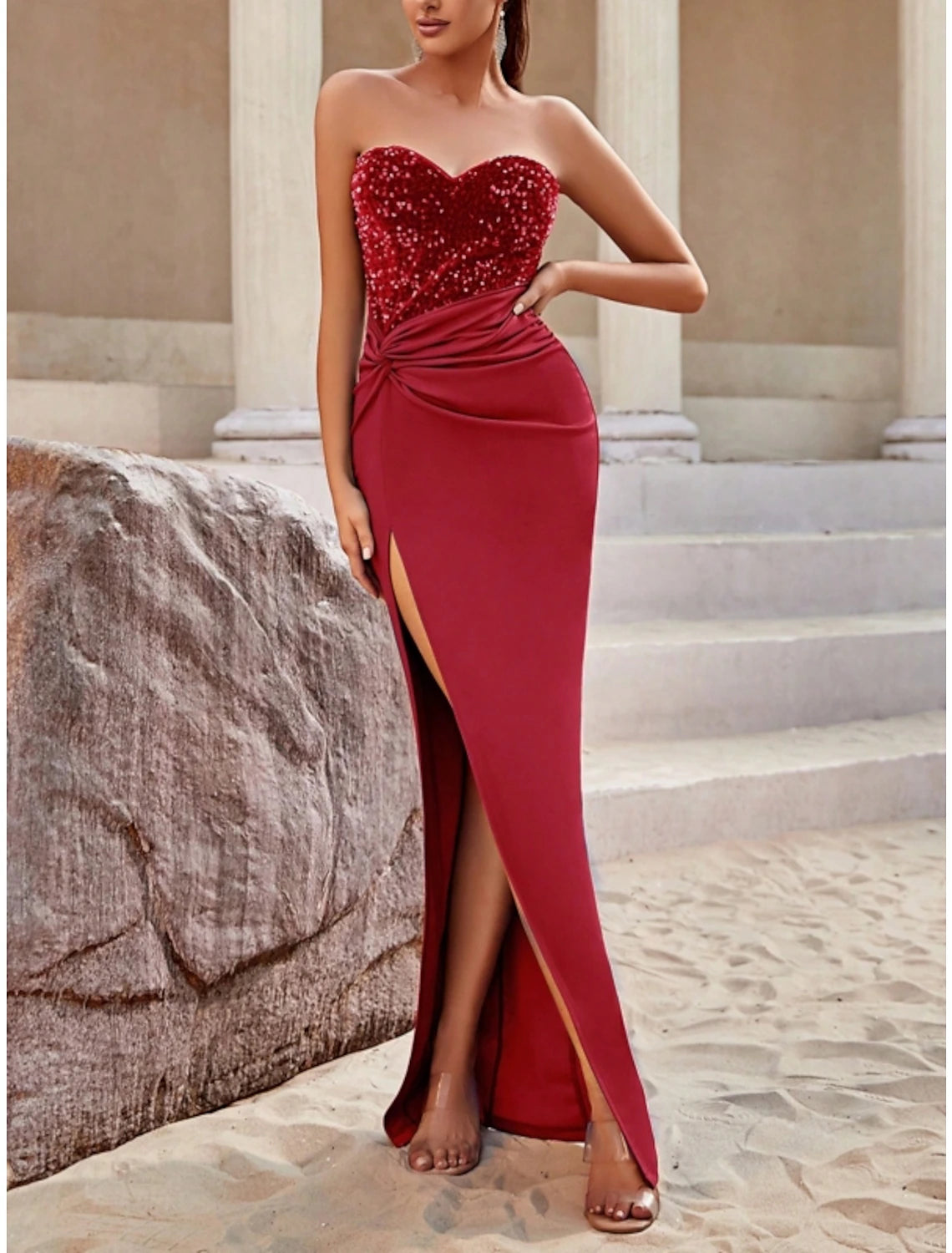 wholesale  Blue Orange Green Blue A-Line Evening Gown Sparkle & Shine Dress Formal Floor Length Sleeveless Sweetheart Stretch Fabric with Glitter Sequin Slit Fall Wedding