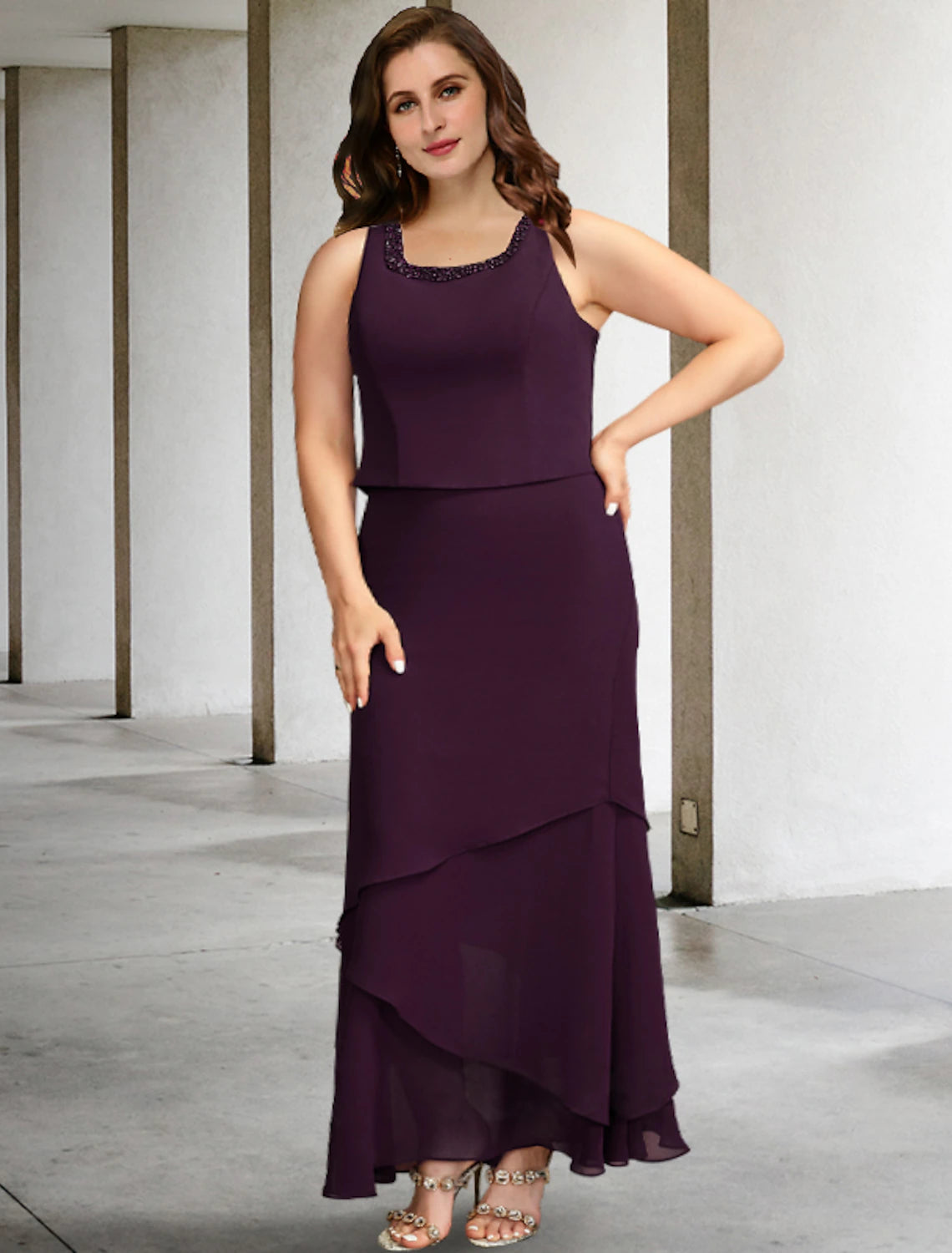 wholesale  Two Piece A-Line Mother of the Bride Dresses Plus Size Hide Belly Curve Elegant Dress Formal Ankle Length Sleeveless Square Neck Chiffon with Beading Ruffles