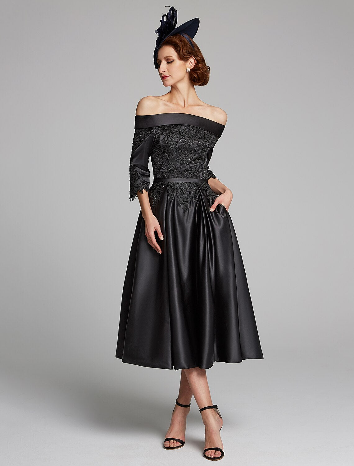 wholesale  A-Line Mother of the Bride Dress Plus Size Sexy Off Shoulder Tea Length Satin Lace 3/4 Length Sleeve with Lace Sash / Ribbon