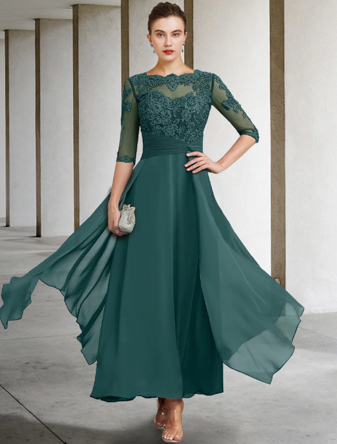 wholesale  A-Line Mother of the Bride Dress Wedding Guest Plus Size Elegant Jewel Neck Ankle Length Chiffon Lace Half Sleeve with Ruched Beading Appliques Fall