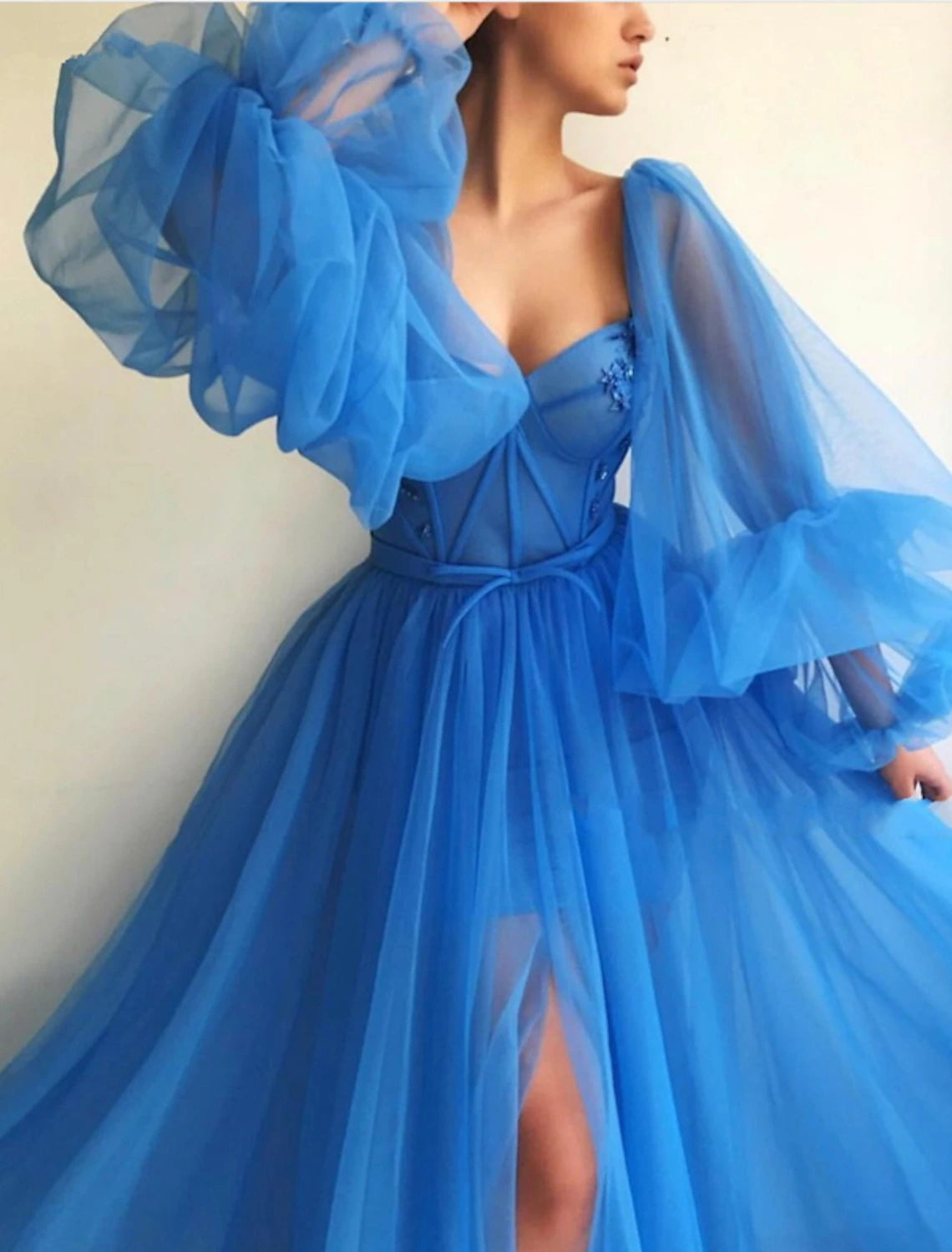 wholesale  A-Line Corsets Luxurious Elegant Engagement Formal Evening Birthday Dress Scoop Neck Long Sleeve Sweep / Brush Train Tulle with Pleats Slit