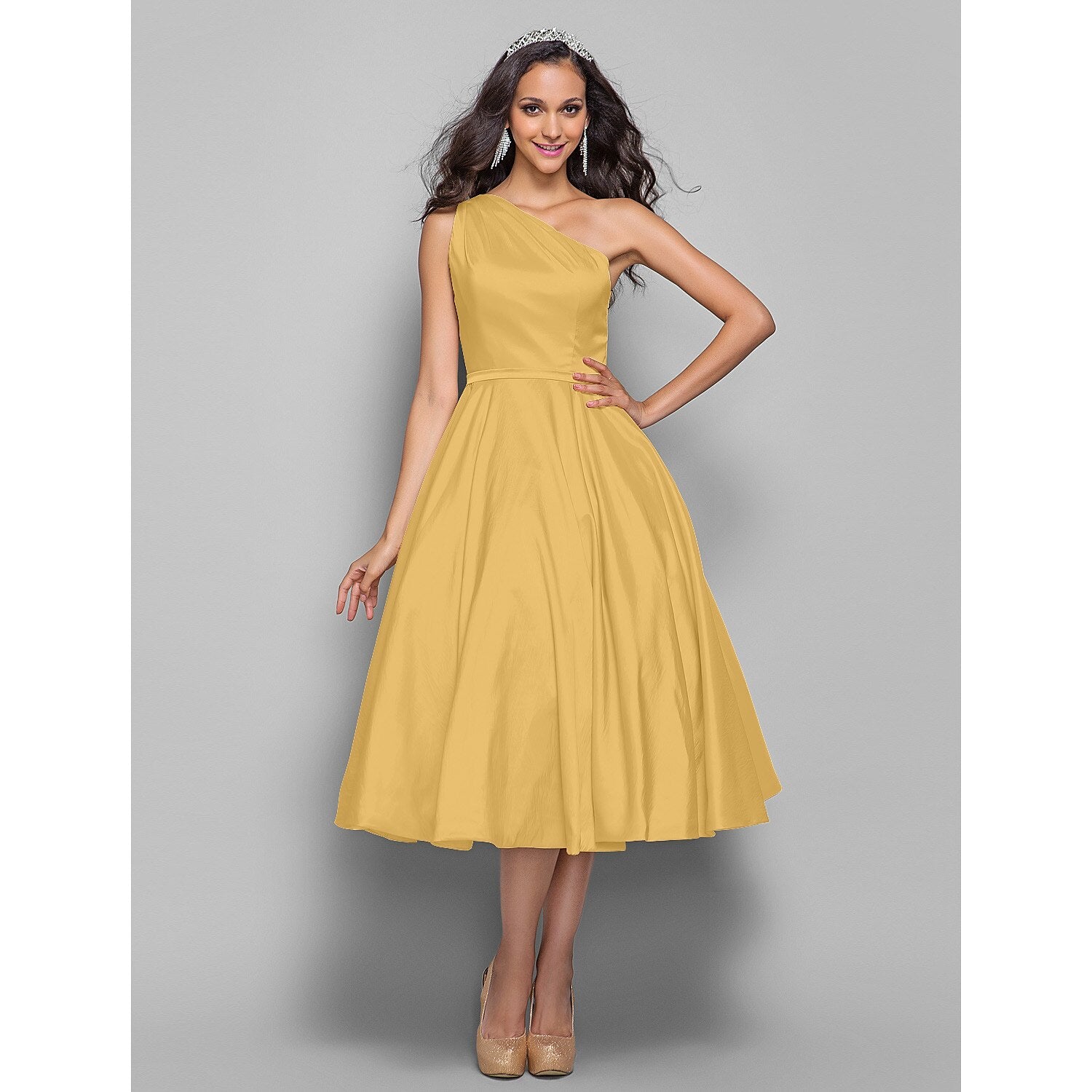 wholesale  A-Line Minimalist Elegant Cocktail Party Wedding Party Dress One Shoulder Sleeveless Tea Length Taffeta with Sash / Ribbon