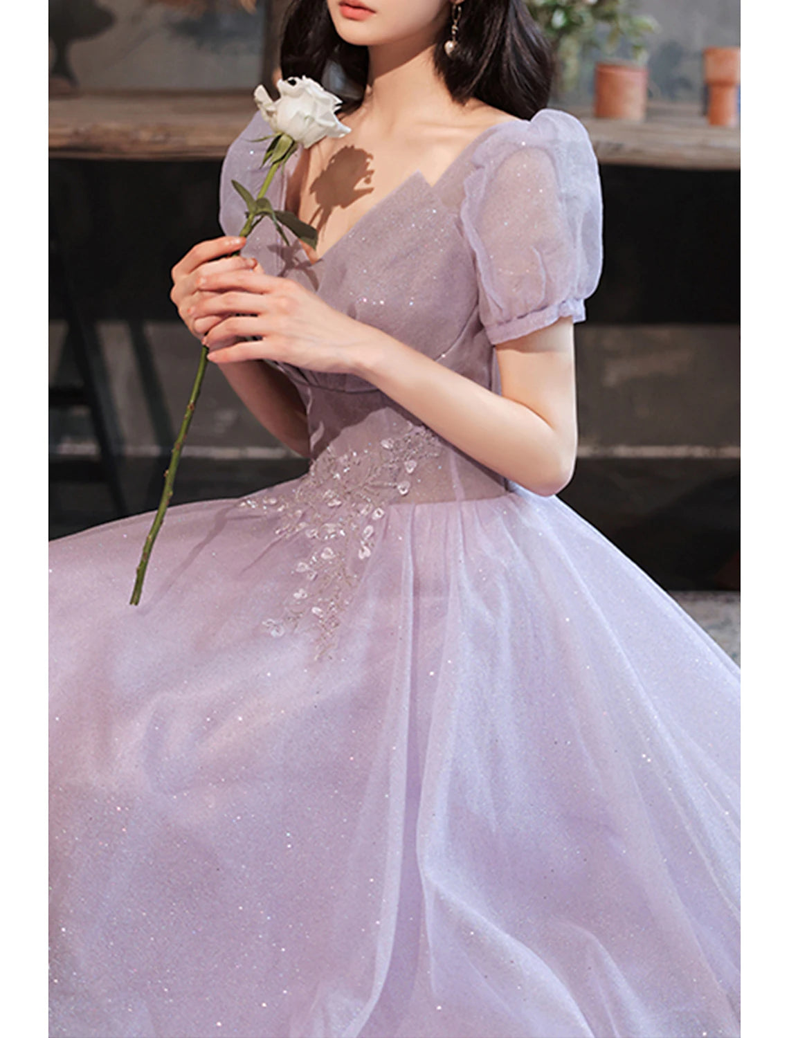 wholesale  A-Line Prom Party Dress Sparkle & Shine Dress Prom Valentine‘s Day Floor Length Short Sleeve V Neck Tulle with Sequin