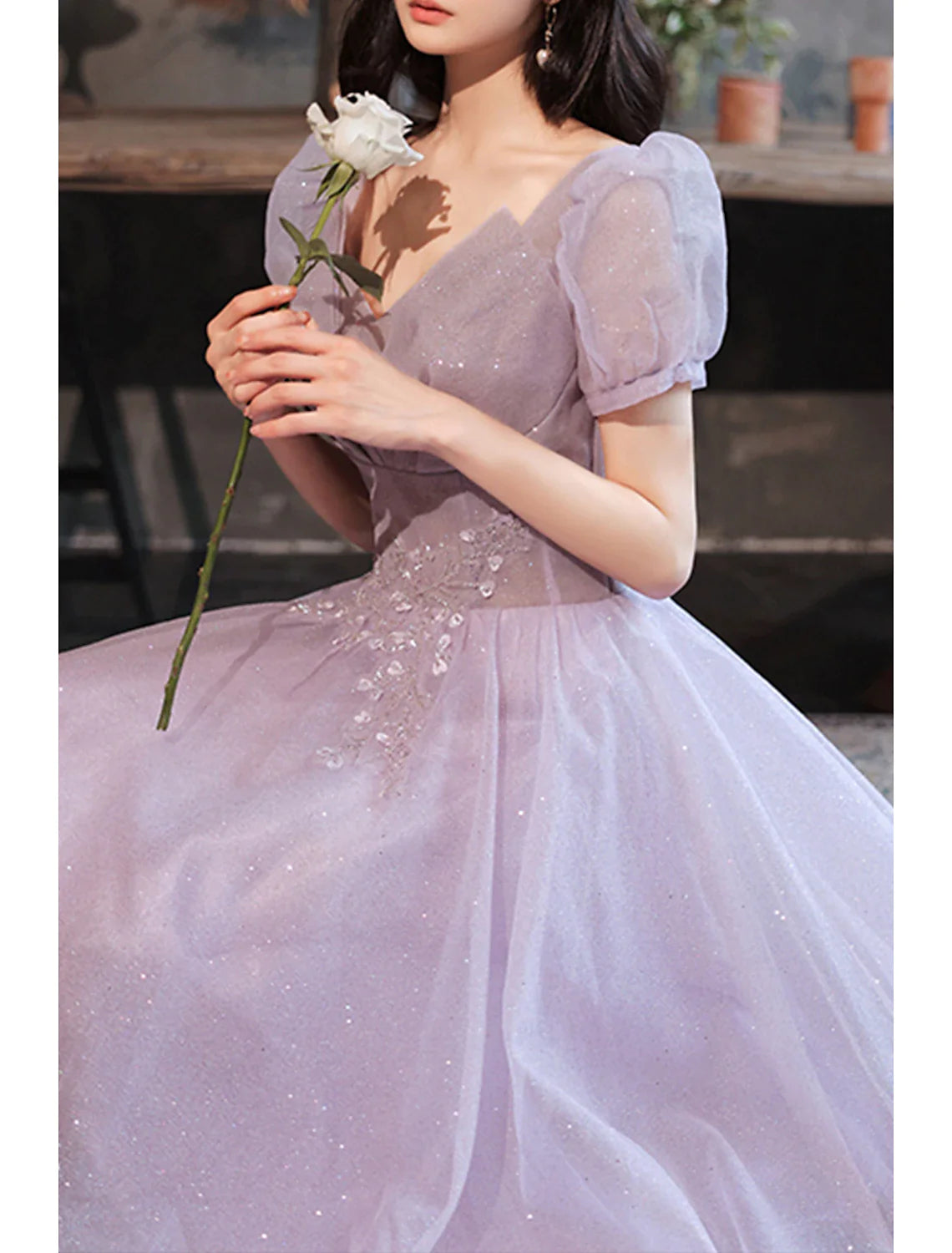 Wholesa A-Line Prom Dresses Sparkle & Shine Dress Prom Valentine's Day Floor Length Short Sleeve V Neck Tulle with Sequin