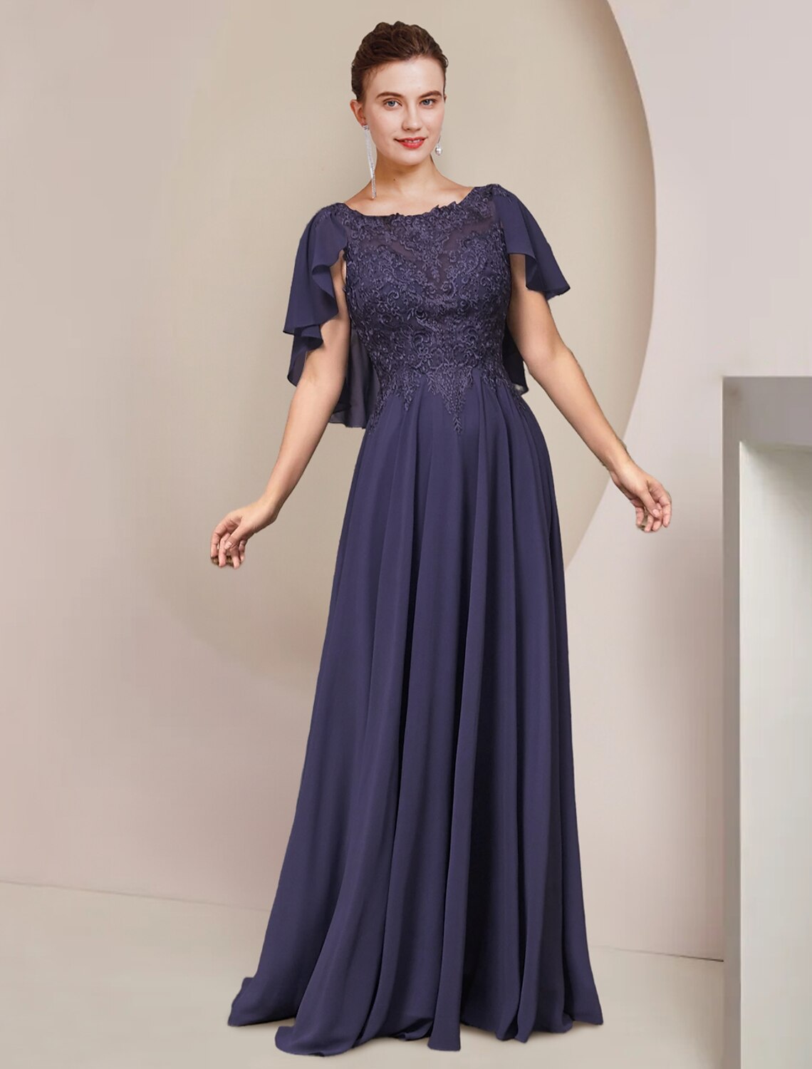 wholesale  A-Line Mother of the Bride Dress Formal Wedding Guest Elegant Scoop Neck Floor Length Chiffon Lace Sleeveless with Pleats Appliques