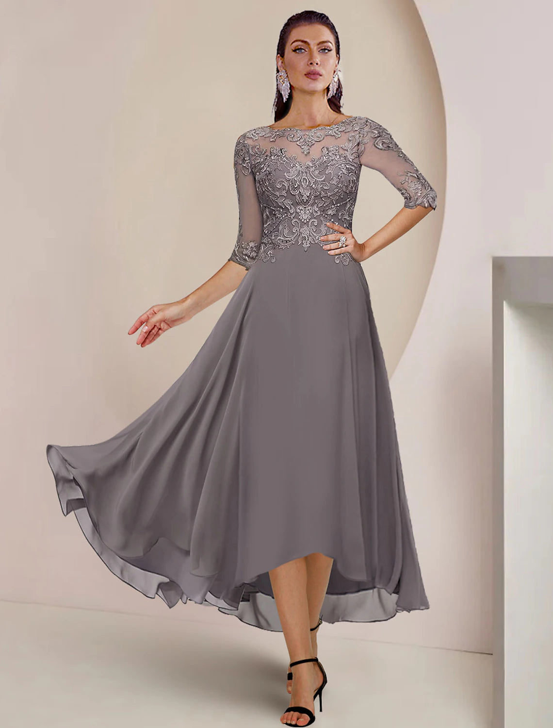 wholesale  A-Line Mother of the Bride Dress Formal Wedding Guest Elegant High Low Scoop Neck Asymmetrical Tea Length Chiffon Lace Half Sleeve with Pleats Appliques