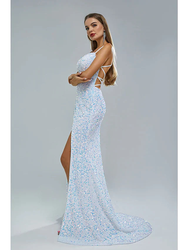 Wholesa Mermaid / Trumpet Evening Gown Elegant Dress Party Wear Court Train Sleeveless Spaghetti Strap Lace Crisscross Back with Sequin Slit