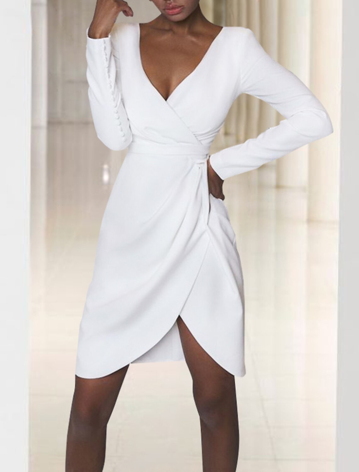 Wholesa Reception Little White Dresses Wedding Dresses Sheath / Column V Neck Long Sleeve Short / Mini Stretch Fabric Bridal Gowns With Buttons Split Front