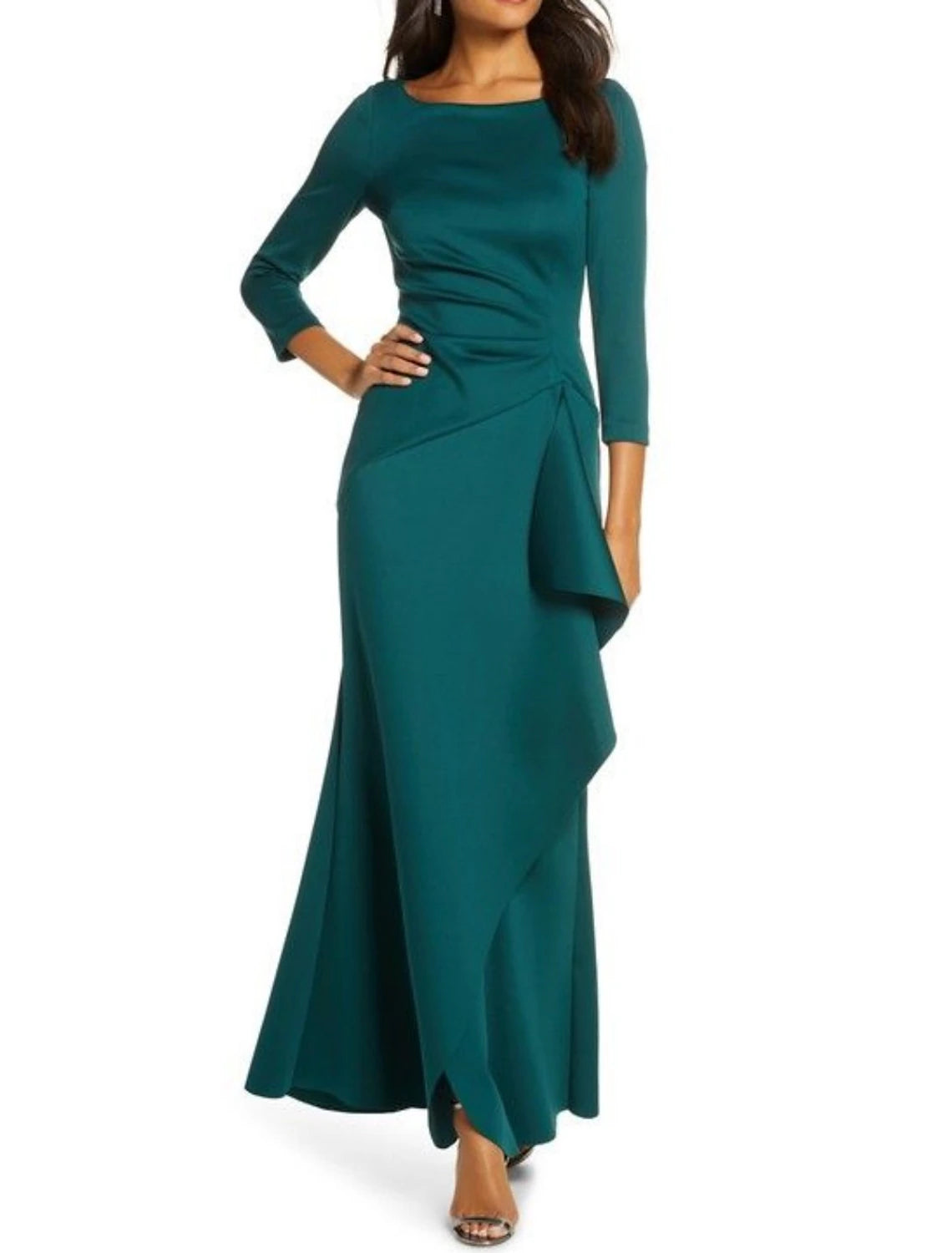 Wholesa Sheath / Column Mother of the Bride Dress Wedding Guest Elegant Party Scoop Neck Ankle Length Satin Lace 3/4 Length Sleeve with Ruffles