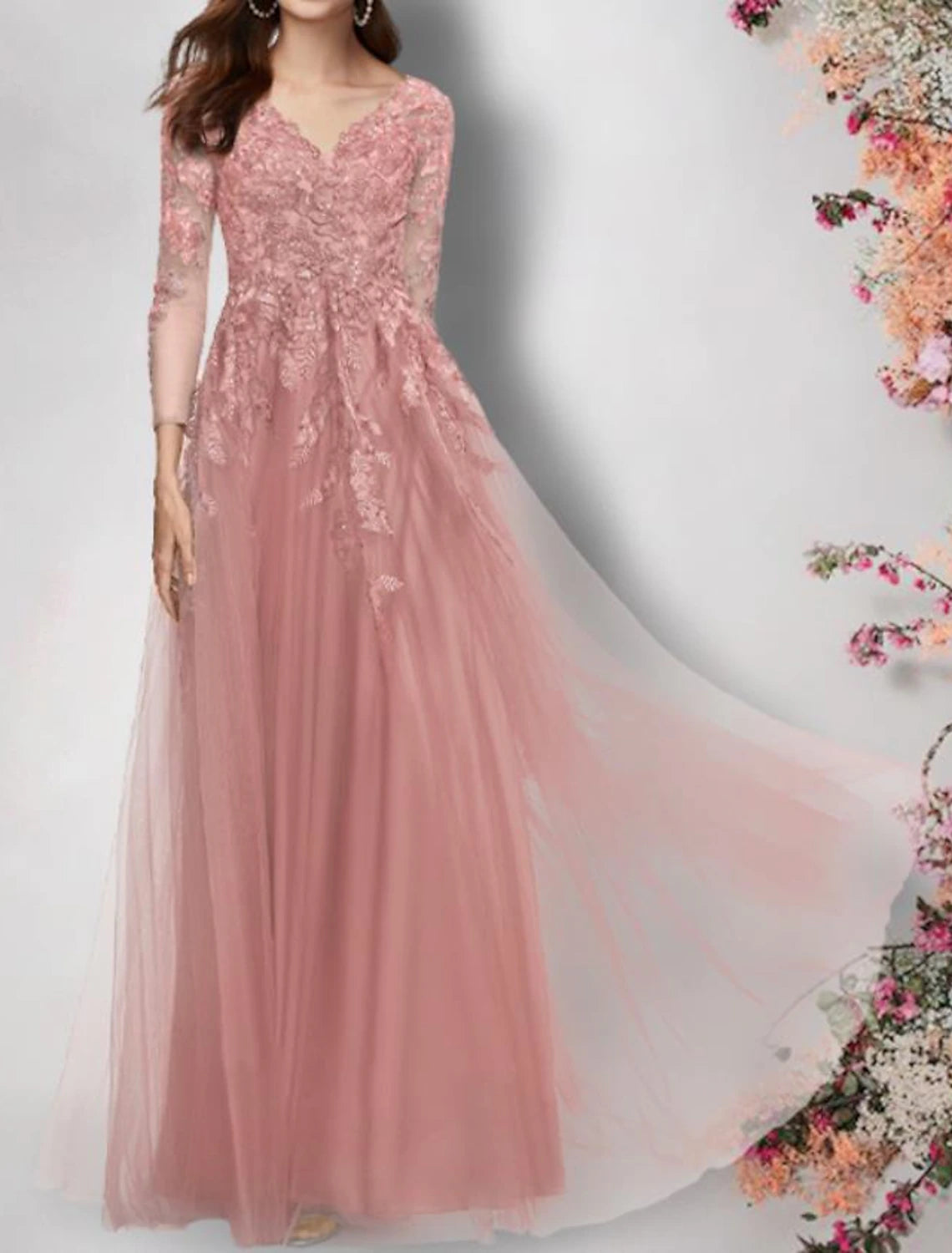 Wholesa A-Line Mother of the Bride Dress Elegant V Neck Floor Length Lace Tulle Half Sleeve with Appliques