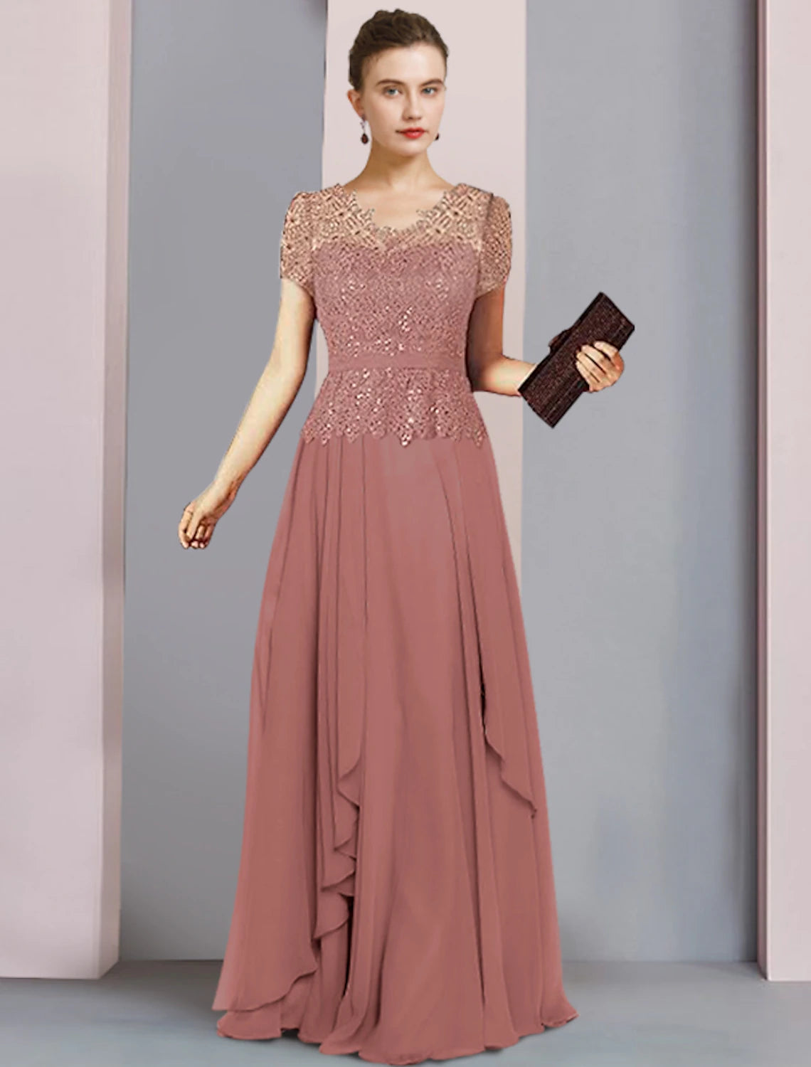 wholesale  A-Line Mother of the Bride Dress Formal Party Sparkle & Shine Elegant V Neck Floor Length Chiffon Sequined Short Sleeve with Pleats Sequin