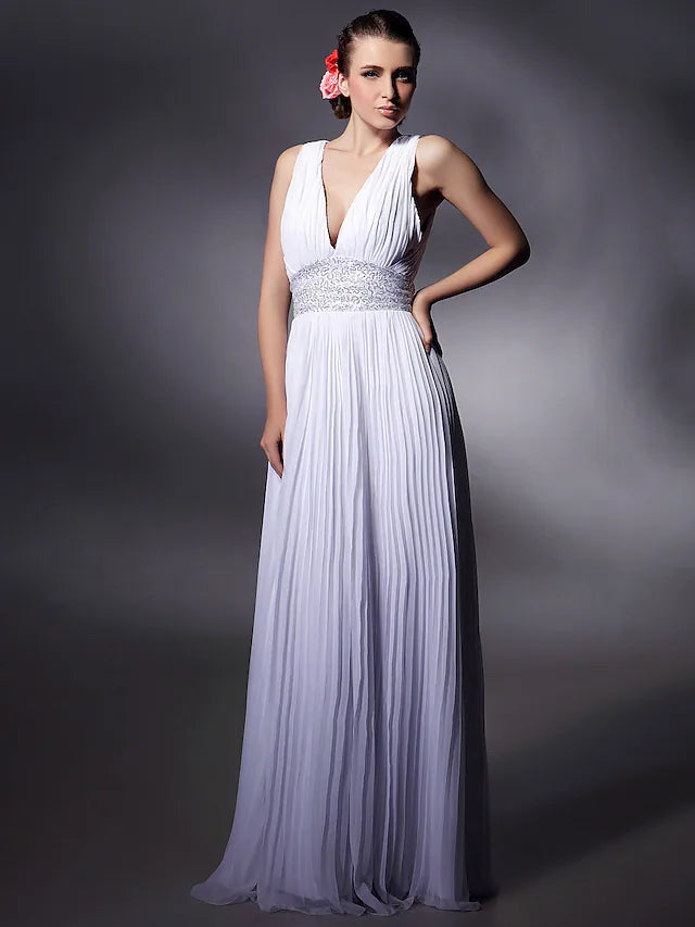 Wholesa Sheath / Column Celebrity Style Dress Prom Floor Length Sleeveless Plunging Neck Chiffon with Beading Draping