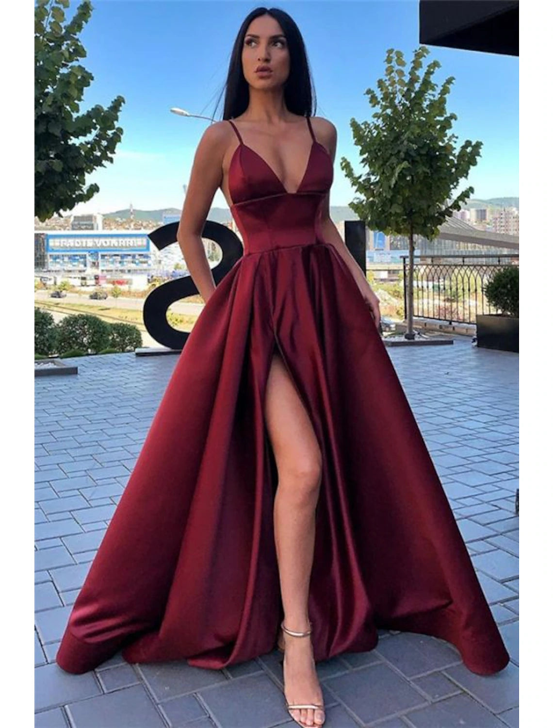 wholesale  A-Line Black Dress Prom Dress High Split Evening Dress Formal Birthday Summer Dress Spaghetti Strap Sleeveless Sweep / Brush Train Satin with Pleats Split Front