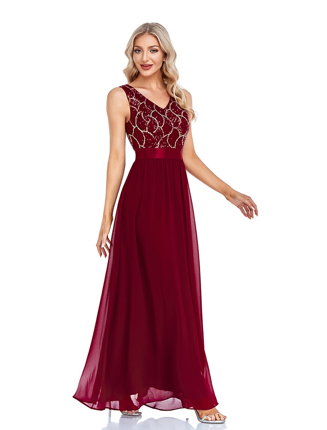 Wholesa A-Line Evening Gown Sparkle & Shine Dress Wedding Guest Prom Floor Length Sleeveless V Neck Bridesmaid Dress Chiffon V Back with Sequin Splicing