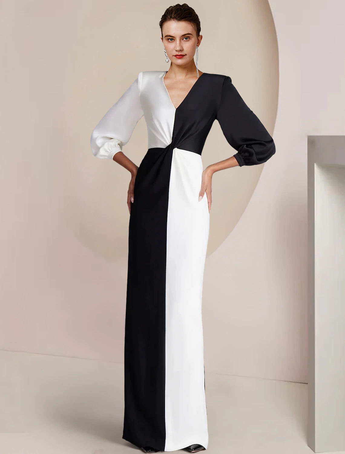 wholesale  Sheath / Column Mother of the Bride Dress Formal Wedding Guest Party Elegant V Neck Floor Length Stretch Satin 3/4 Length Sleeve with Color Block