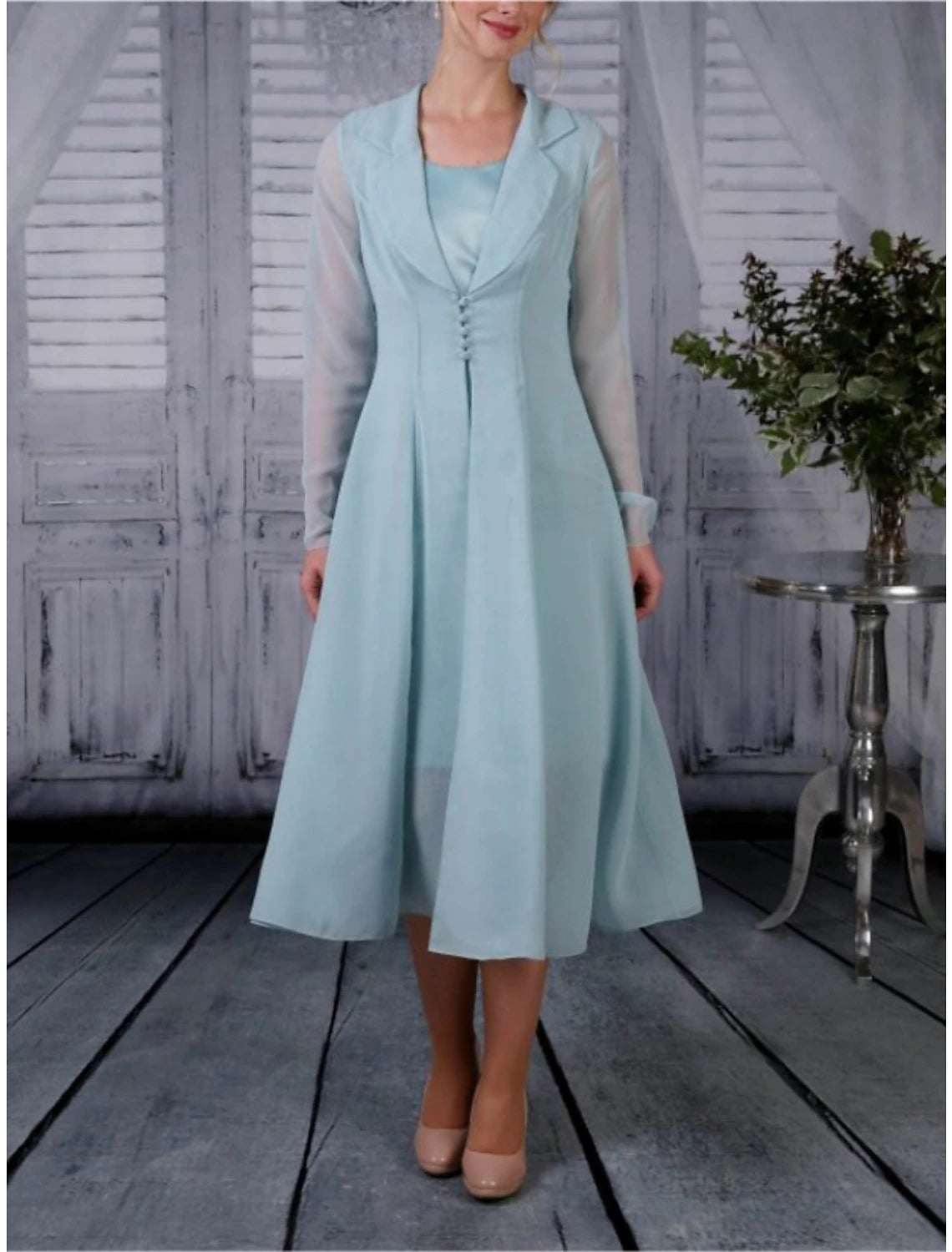 Wholesa Two Piece A-Line Mother of the Bride Dress Wedding Guest Elegant Simple Shirt Collar Tea Length Chiffon Long Sleeve with Pleats Solid Color