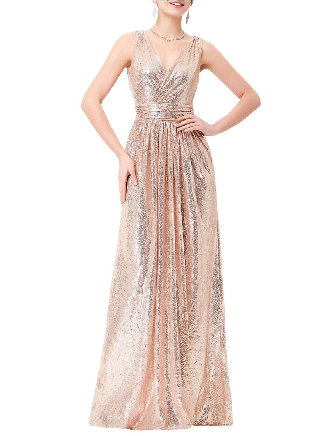 Wholesa Sheath / Column Prom Dresses Sexy Dress Formal Floor Length Sleeveless V Neck Sequined with Pleats Sequin