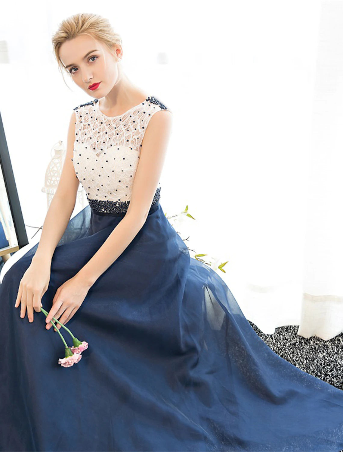 wholesa A-Line Beautiful Back Elegant Beaded & Sequin Prom Formal Evening Dress Illusion Neck Sleeveless Floor Length Tulle Over Lace with Beading